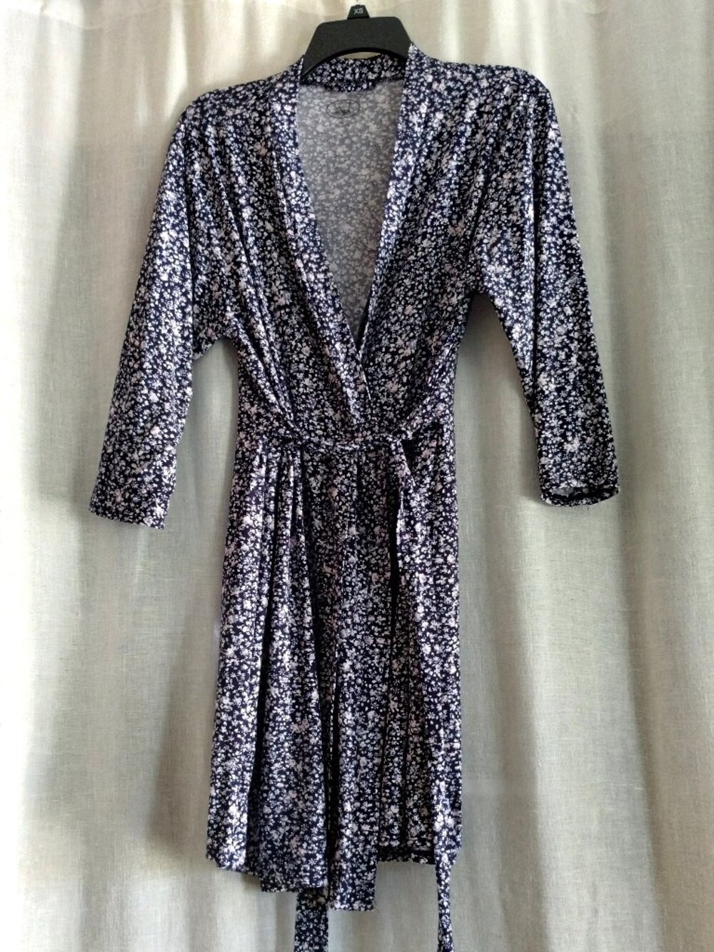 LAURA ASHLEY Dark Blue/Multi-Color FLORAL Print 3/4 Sleeve Belted ROBE Sz LARGE